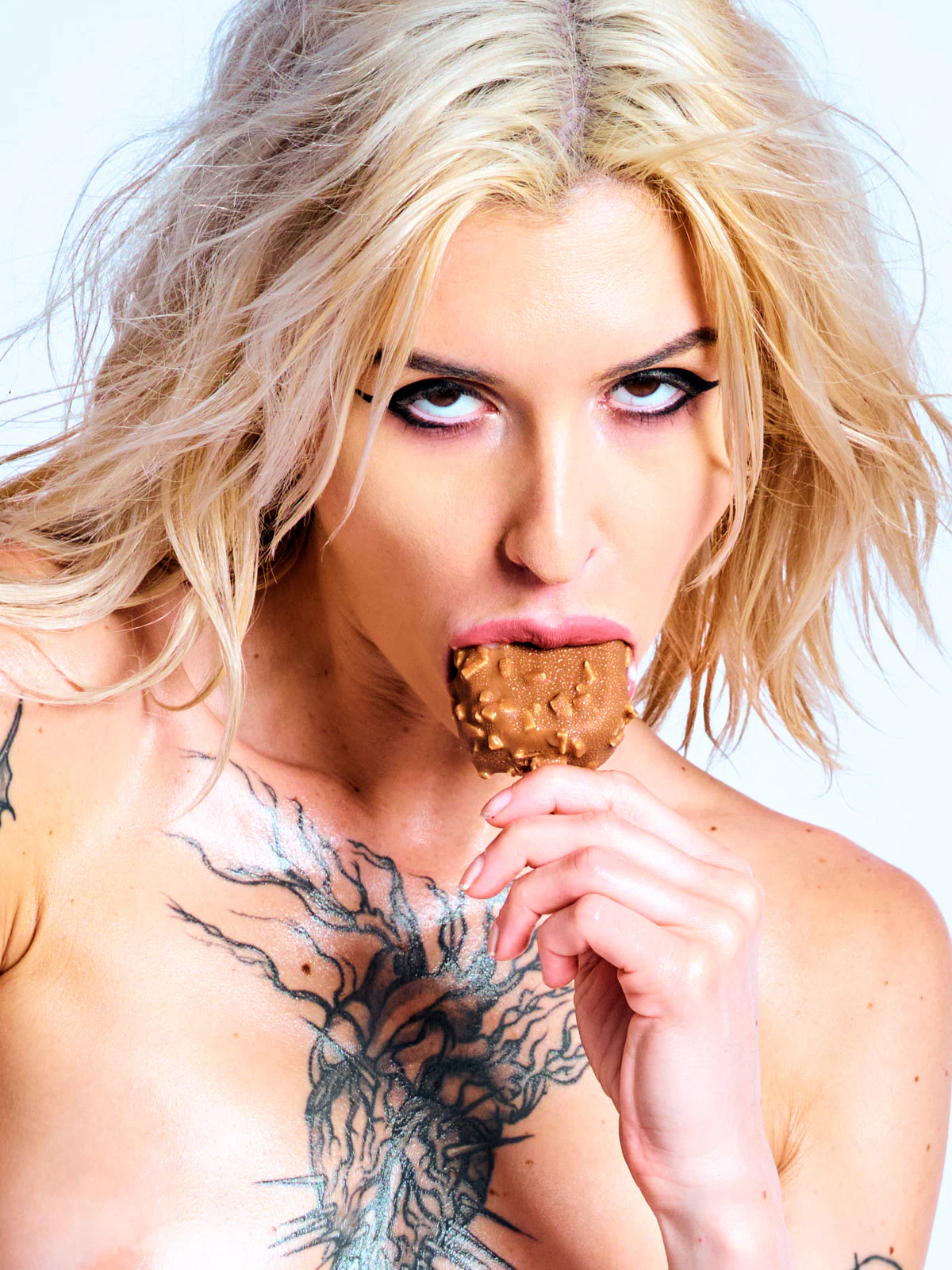 Brittney I Want Magnum Size messy nude photography American Barbie Ghoul expressive tattoos blonde hair chocolate ice cream by Cinaed Dane