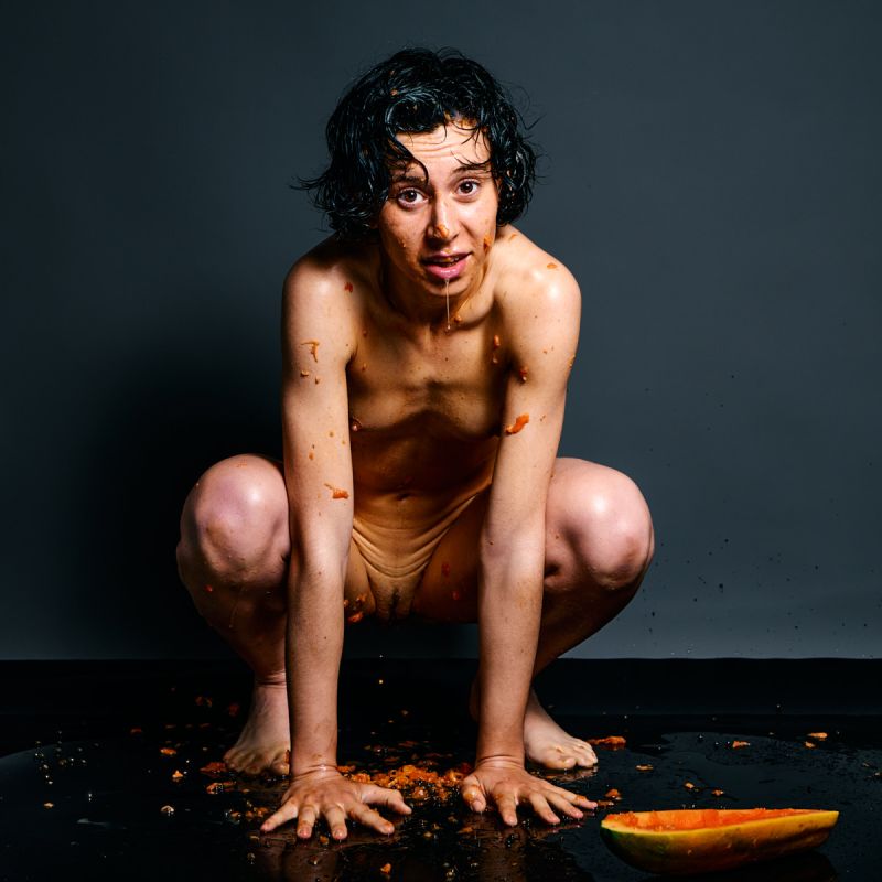 German model Ulah Bauer Wet Papaya bold explicit pose tropical fruit nude photography Barcelona studio Cinaed Dane