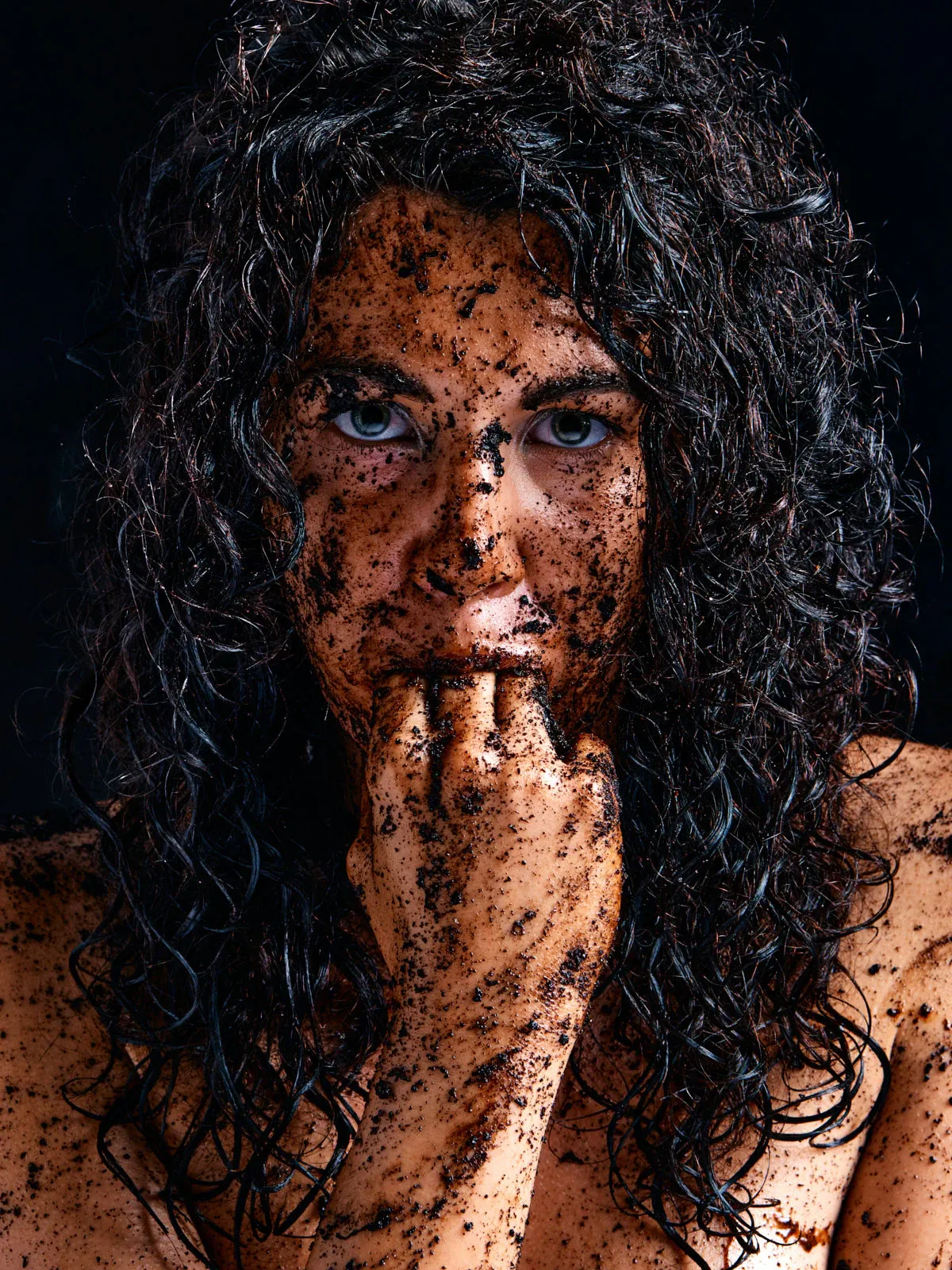 Bulgarian model Gia Ren Dirty Thoughts black dirt face close-up fingers mouth direct gaze Barcelona photographer Cinaed Dane