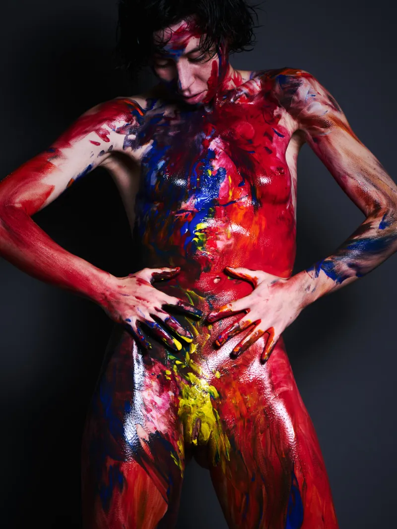 Ulah Bauer nude art model Colored Emotion body paint emotional expression dark backdrop photographer Cinaed Dane