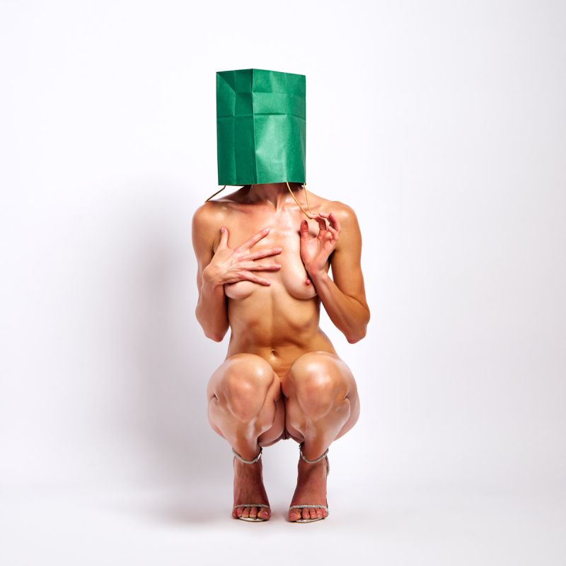 Bag Lady in Colors explicit surreal photography anonymous model colored bags head oiled body fully nude fit long legged extreme strange poses by Cinaed Dane