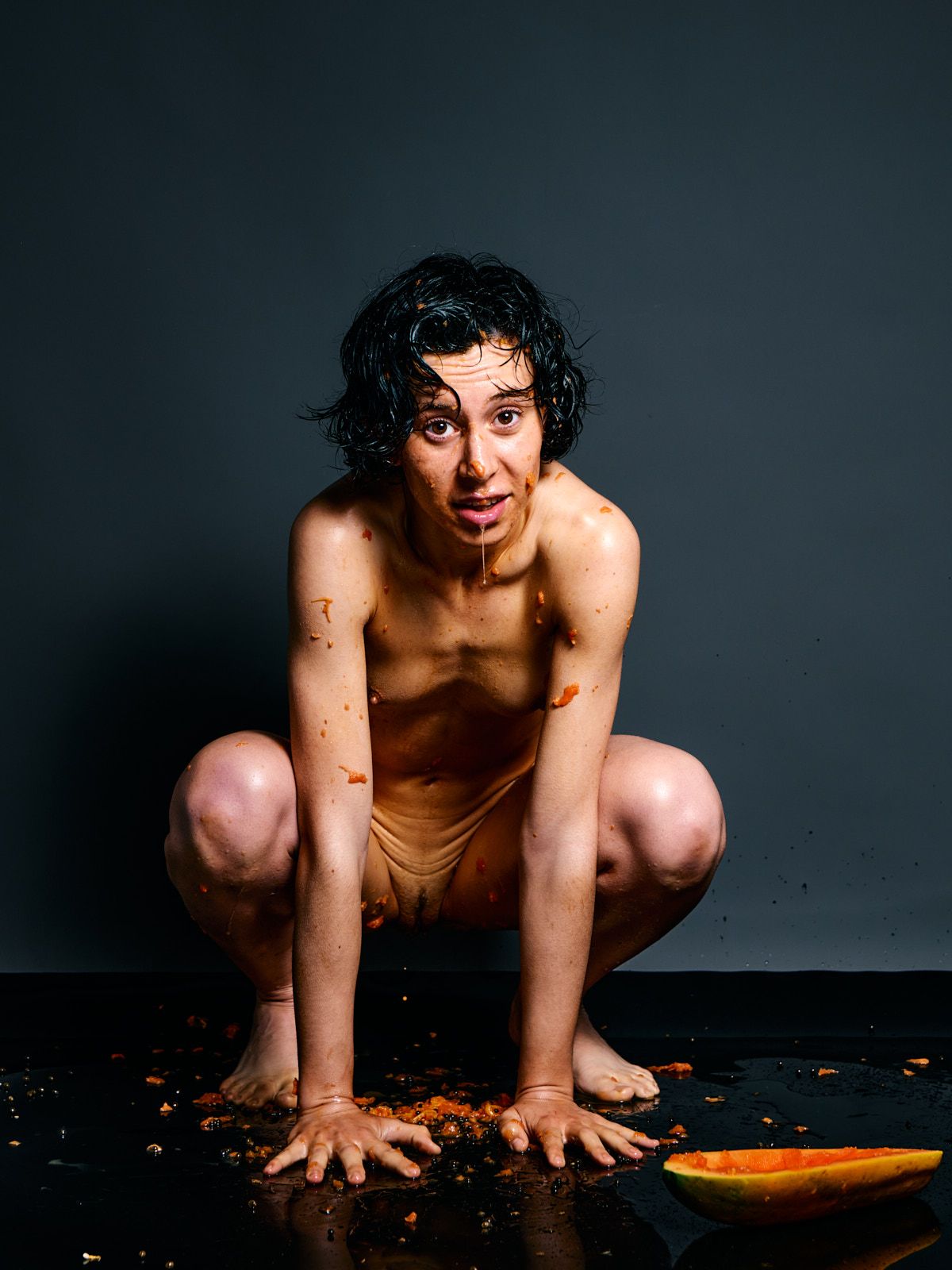 German model Ulah Bauer Wet Papaya messy orange papaya fruit explicit nude Barcelona photographer Cinaed Dane